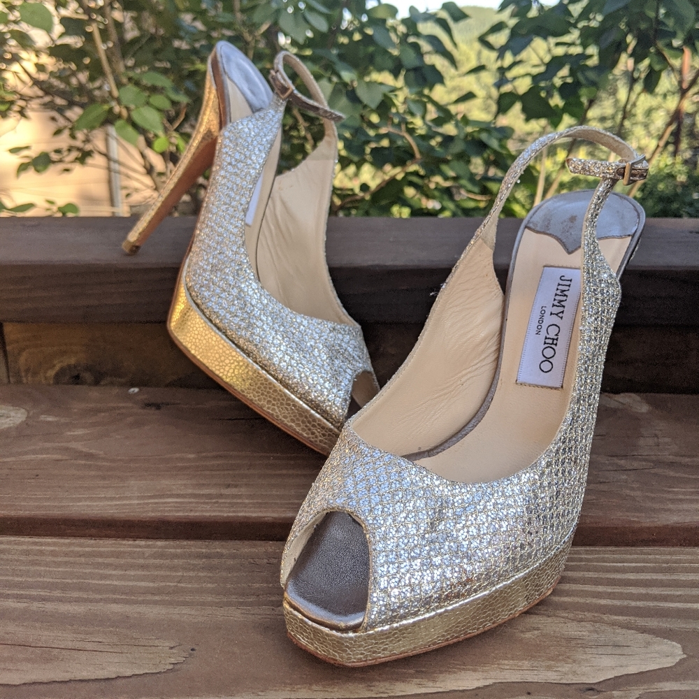 Jimmy Choo Silver Peep-Toe Heels